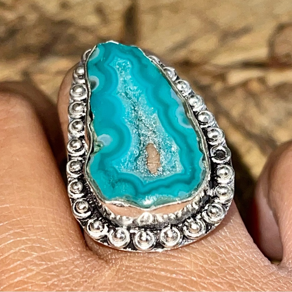 Blue Green Solar Agate Drusy Ring Size 7 1/4